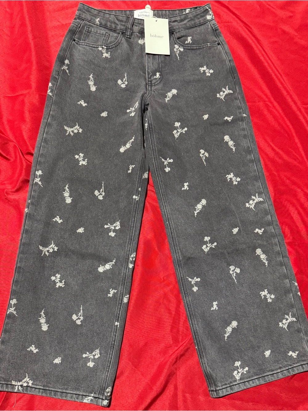 bohme Washed Black High-Rise Jeans with Subtle White Floral Print